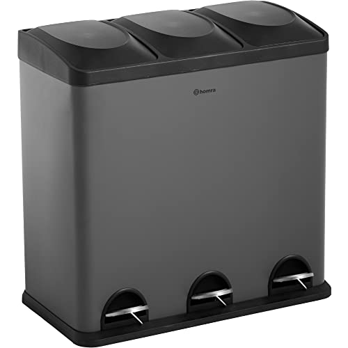 Homra Mülleimer Küche Maxer | Mülltrennsystem 60l | Mülleimer 3 Fächer | Edelstahl Mülltonne 3x20l | Abfalleimer Küche | Treteimer 3 Inneneimern | Tretmülleimer Recyclingeimer | Papierkorb | Grau von Homra