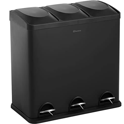 Homra Mülleimer Küche Maxer | Mülltrennsystem 60l | Mülleimer 3 Fächer | Edelstahl Mülltonne 3x20l | Abfalleimer Küche | Treteimer 3 Inneneimern | Tretmülleimer Recyclingeimer | Papierkorb | Schwarz von Homra