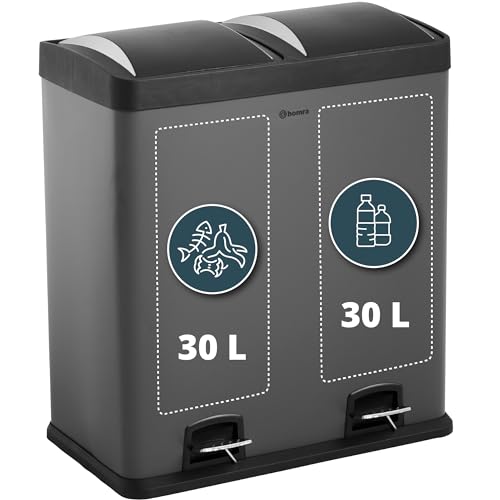 Homra Mülleimer Küche Neviq | Mülltrennsystem 60l | Mülleimer 2 Fächer | Edelstahl Mülltonne 2x30l | Abfalleimer Küche | Treteimer 2 Inneneimern | Tretmülleimer Recyclingeimer | Papierkorb | Grau von Homra