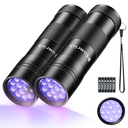 Schwarzlicht Taschenlampe 2 Stück Mini UV Taschenlampe mit 12 LEDs, Schwarzlichtlampe 395nm UV Licht Torch Lampe für Geocaching, Unechte Banknoten, Heimtierurindetektoren Inklusive 6 AAA Batterie von Homrich