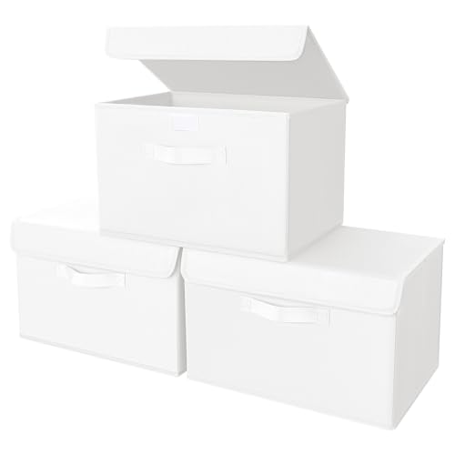 Homsorout Aufbewahrungsboxen mit Deckel - 3er Set Aufbewahrungskorb Stoff Faltbare Aufbewahrungsbox mit Transparentem Sichtfenster, 38 x 25 x 25 cm Faltbox für Kleidung, Würfelregal, Weiß von Homsorout