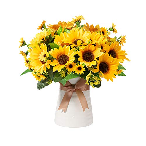Homsunny Künstliche Blumen in Keramikvase, Seidenblumenarrangements, künstliche Sonnenblumensträuße mit Vase für Desktop-Dekoration (Ripple Keramik-Sonnenblume) von Homsunny
