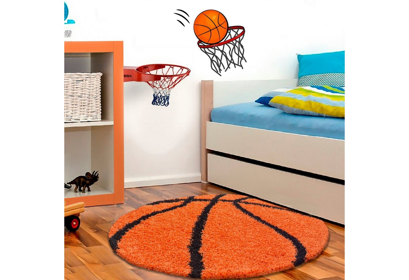 Kinderteppich, Homtex, Ø 120 cm Rund, Wunderschöne Kinderteppich rund, Höhe 30 mm, Basketball Motiv von Homtex