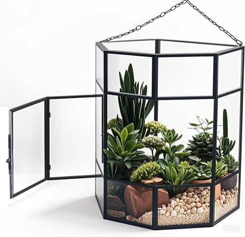 Homtone 17x10 cm Hexagonales Glas Terrarium mit Aufhängekette, Handgefertigte Pflanzen Aufbewahrung aus Messing und gehärtetem Glas, Seitentür für einfache Pflege, Eine Gute Wahl als Geschenk von Homtone