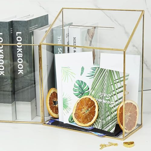 Homtone 20cm Hochzeitskarten Glasbox mit Schlitz & Schloss, Handgefertigtes Messing, Gold, geometrisches Terrarium, klare Displaybox für Hochzeitsempfang, Dekoration, Andenken, 20 * 10 * 25 von Homtone