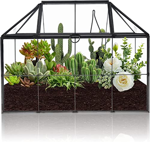 Homtone 23 cm Großer Geometrischer Terrarium-Pflanzgefäß, Hausform, Schwarz, Handgefertigte Glasbox, Vintage-Tischplatte, Miniatur-Blumentopf für Sukkulenten, Kakteen (Schwarz) von Homtone