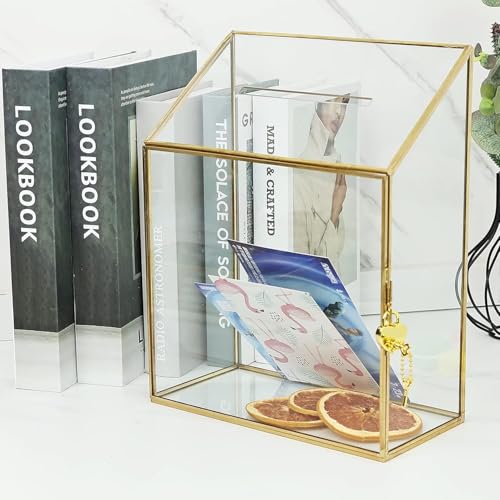 Homtone 23cm Hochzeits Karten Glasbox mit Schlitz & Schloss, Handgefertigtes Messing, Gold, geometrisches, Kartenbox Hochzeit groß klare Displaybox für Hochzeits Empfang, Dekoration, 23.5 * 11.5 * 30 von Homtone