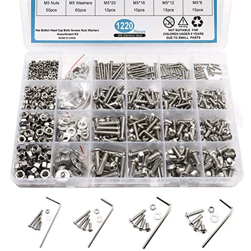 Homtone 1220 Stück M2 M3 M4 M5 aus 304 Edelstahl, Sechskantkopf, Sockel, Kopf, Bolzen, Muttern, Unterlegscheiben, verschiedene Größen, mit 4 Sechskantschlüssel (Knopfkopf) von Homtone