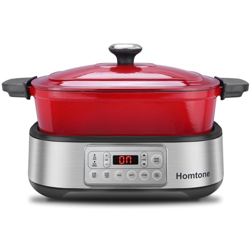 Homtone Schongarer 6-in-1 Slow Cooker, 5,5L Multikocher Programmierbarer Abnehmbarer Emaille-Schmortopf, Keramik-Antihaftbeschichtung, Langsames Garen, Anbraten, Dämpfen mit Dampfgarrost, Rot von Homtone