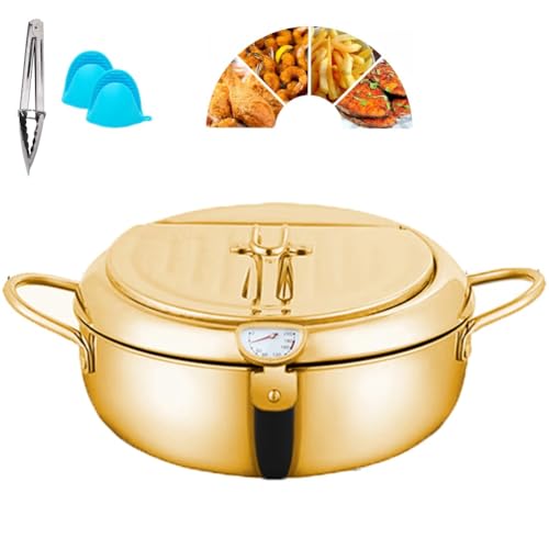 Frittiertopf Aus Edelstahl Mit Thermometer Und Öltropfgestell, Japanischer Frittiertopf Mit Korb, Frittiertöpfe Aus Edelstahl 304 Für Pommes Frites, Hühnchen In Der Küche(Gold,11in) von Homtrator