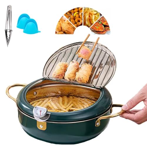 Frittiertopf Aus Edelstahl Mit Thermometer Und Öltropfgestell, Japanischer Frittiertopf Mit Korb, Frittiertöpfe Aus Edelstahl 304 Für Pommes Frites, Hühnchen In Der Küche(Grün,7.9in) von Homtrator