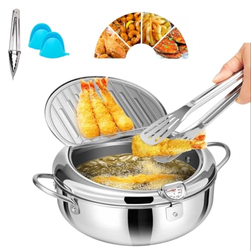 Frittiertopf Aus Edelstahl Mit Thermometer Und Öltropfgestell, Japanischer Frittiertopf Mit Korb, Frittiertöpfe Aus Edelstahl 304 Für Pommes Frites, Hühnchen In Der Küche(Silver,9.4in) von Homtrator
