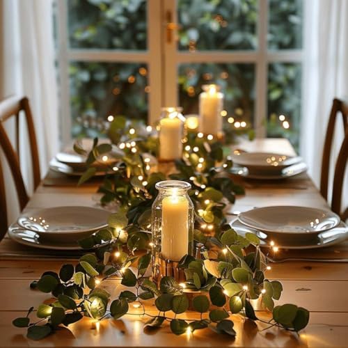 Homtrator Twinkling Tree Olivenranke, 1,8 M Lange Lichterkette mit Olivenranken, Batteriebetrieben, Vorbeleuchtete Künstliche Led-Lichterkette mit Grünpflanzen, Hängende Blätter, Kaminsims-Dekoration von Homtrator