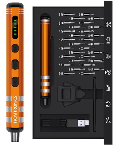 Elektrischer Schraubendreher, [Einstellbares Drehmoment] Homtronics 37 in 1 Mini Elektro Schraubendreher, Magnetische Präzision Elektrischer Schraubendreher Set für Phone Kamera Brillen Uhren, Orange von Homtronics