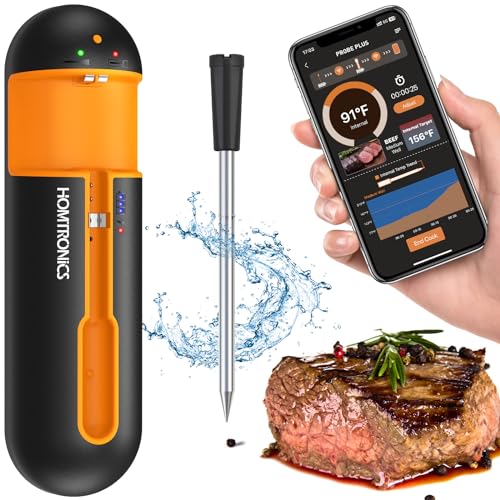 Fleischthermometer Kabellos, Homtronics Fleischthermometer Bluetooth, IP67 Wiederaufladbares Smart Meat Thermometer, mit APP für Backofen Grill Pfanne Fritteuse (orange-schwarz) von Homtronics