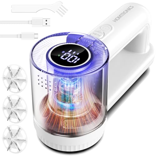 Homtronics Fusselrasierer Elektrisch, [USB Aufladung] Fusselentferner für Kleidungsstücke, LED-Anzeige 3 Einstellbaren Leistungsstufen, Fusselfräse mit 6-Klingen-Kopf für Kleidung Sofa Teppich (Weiß) von Homtronics