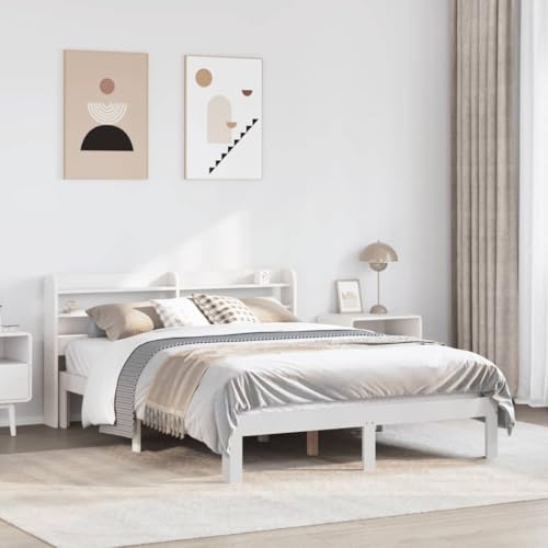 Homvdxl 135x190 cm Doppelbettrahmen mit Ablageflächen, einfaches Holz-Plattformbett mit Kopfteil, stabile Holzstütze, kein Boxspringbett erforderlich, einfache Montage - Weiß von Homvdxl