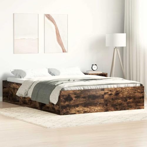 Homvdxl 135x190 cm Plattform-Bettgestell, Betten mit seitlichen offenen Regalen, Lattenbett passt für Jugendliche/Erwachsene, kein Boxspringbett erforderlich - Raucheiche, Doppelbett von Homvdxl