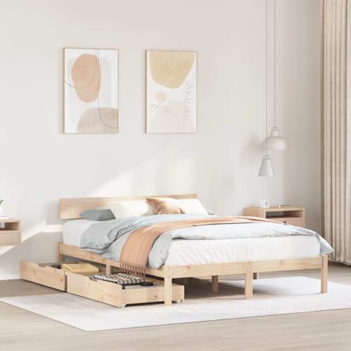 Homvdxl 140x190 cm Doppelbett Holz Bettgestell Massivholz Plattformbett mit Schubladen & Kopfteil, kein Boxspring nötig - Braun von Homvdxl