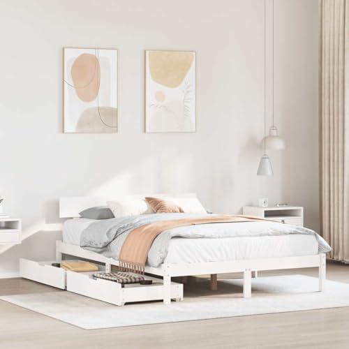 Homvdxl 140x190 cm Doppelbett Holz Bettgestell Massivholz Plattformbett mit Schubladen & Kopfteil, kein Boxspring nötig - Weiß von Homvdxl