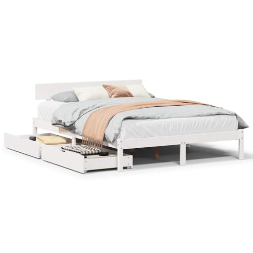 Homvdxl 140x200 cm Doppelbett Holzbett Bettgestell Massivholz Plattformbett mit Schubladen & Kopfteil, kein Boxspring nötig - Weiß Homvdxl 140x200 cm Doppelbett Holzbett Bettgestell Massivholz Plattformbett mit Schubladen & Kopfteil, kein Boxspring nötig - Weiß von Homvdxl