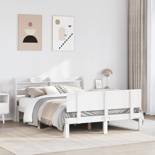 Homvdxl 140x200 cm Holzbettrahmen, Kopfteil mit Ablageflächen, Doppeltes einfaches Plattformbett mit Fußteil, stabile Holzstütze, kein Boxspringbett erforderlich | Weiß Homvdxl 140x200 cm Holzbettrahmen, Kopfteil mit Ablageflächen, Doppeltes einfaches Plattformbett mit Fußteil, stabile Holzstütze, kein Boxspringbett erforderlich | Weiß von Homvdxl