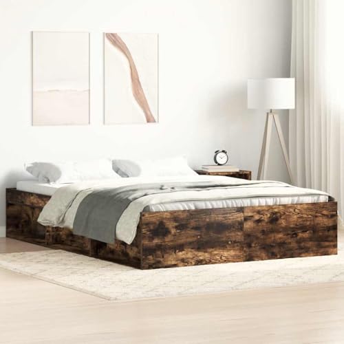 Homvdxl 140x200 cm Plattformbettgestell, Betten mit seitlichen offenen Regalen, Lattenbett passt für Jugendliche/Erwachsene, kein Boxspringbett erforderlich - Raucheiche, Doppelbett Homvdxl 140x200 cm Plattformbettgestell, Betten mit seitlichen offenen Regalen, Lattenbett passt für Jugendliche/Erwachsene, kein Boxspringbett erforderlich - Raucheiche, Doppelbett von Homvdxl