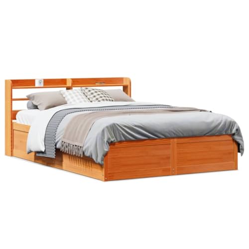 Homvdxl 150x200 cm kleines Queensize-Bettgestell mit Stauraum, robustes Holzplattform-Bettgestell mit Holzaufbewahrungs-Kopfteil, kein Boxspringbett erforderlich, stabiles Design (Waxbraun) von Homvdxl