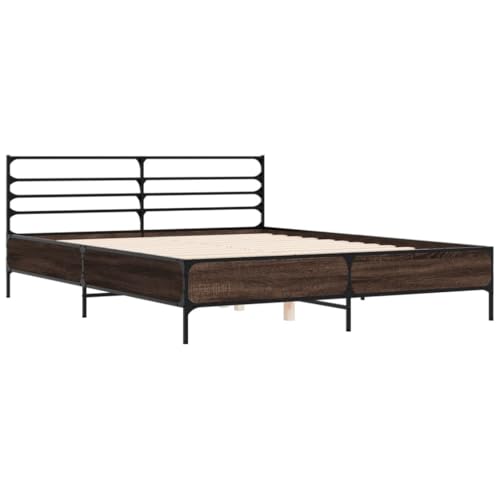 Homvdxl 160x200 cm Bettgestell im Industriestil, Queen-Betten mit massiven Lamellen, Kopfteil aus Metall, kein Boxspringbett nötig - Räuchereiche Homvdxl 160x200 cm Bettgestell im Industriestil, Queen-Betten mit massiven Lamellen, Kopfteil aus Metall, kein Boxspringbett nötig - Räuchereiche von Homvdxl