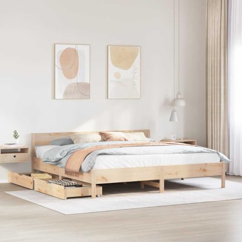Homvdxl 160x200 cm Bettgestell mit Schubladen & Kopfteil, Kiefernholz Bettgestell mit Lattenstütze & Platz unter dem Bett, kein Boxspringbett erforderlich - Braun (Queen) von Homvdxl