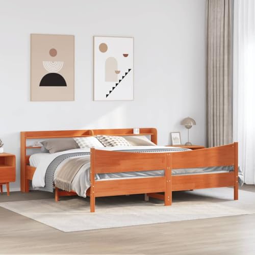 Homvdxl 180 x 200 cm Bettgestell, Holzplattform-Bettgestell mit Ablagen und Lattenstütze, kein Boxspringbett erforderlich, & Dekor gebogenes Fußteil - Wachsbraun, King von Homvdxl