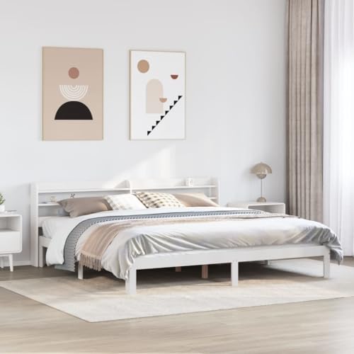 Homvdxl 180x200 cm Kingsize-Bettgestell mit Ablagen, einfaches Holz-Plattformbett mit Kopfteil, stabile Holzstütze, kein Boxspringbett erforderlich, einfache Montage - Weiß von Homvdxl