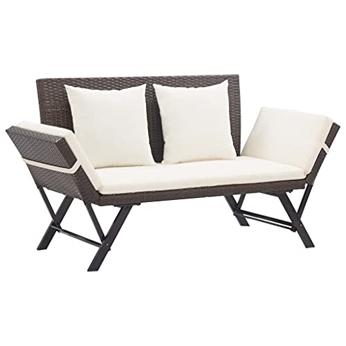 Homvdxl 2-Sitzer Rattan Rattan Gartenbank mit Kissen, 2-in-1 verstellbares Tagesbett mit Stahlbeinen, Braun von Homvdxl