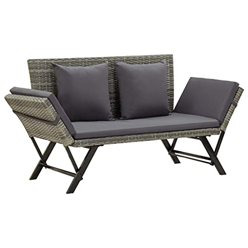 Homvdxl 2-Sitzer Rattan Rattan Gartenbank mit Kissen, 2-in-1 verstellbares Tagesbett mit Stahlbeinen, Grau von Homvdxl