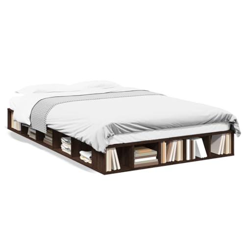 Homvdxl 20 cm niedriges Bettgestell, 135 x 190 cm, Doppelbett, moderne Plattformbetten mit offenen Regalen, einfache Montage, stabile Lattenstütze, kein Boxspringbett erforderlich (braune Eiche) von Homvdxl