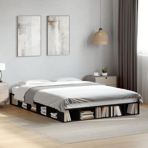Homvdxl 20 cm niedriges Bettgestell, 140 x 200 cm, Doppelbett, moderne Plattformbetten mit offenen Regalen, einfache Montage, stabile Lattenstütze, kein Boxspringbett erforderlich (Schwarz) von Homvdxl