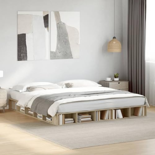 Homvdxl 20 cm niedriges Bettgestell, 200 x 200 cm, Super-Kingsize-Bett, moderne Plattformbetten mit offenen Regalen, einfache Montage, stabile Lattenstütze, kein Boxspringbett erforderlich (Braun) von Homvdxl