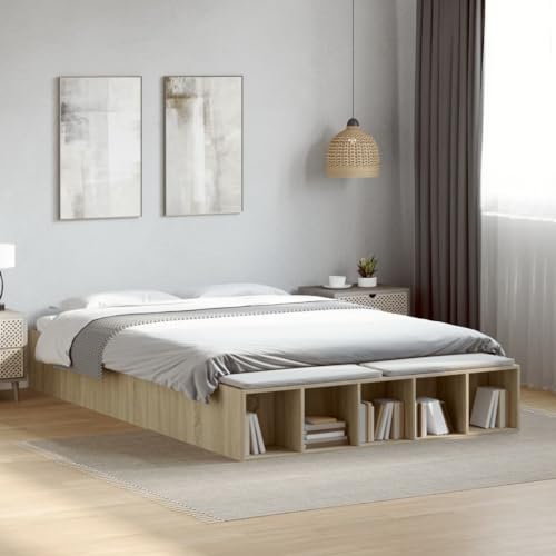 Homvdxl 30 cm niedriges Bettgestell mit offenen Regalen, 140 x 200 cm, Doppelplattform-Bettgestell, modernes und einfaches Design, Lattenstütze, einfache Montage, kein Boxspringbett erforderlich Homvdxl 30 cm niedriges Bettgestell mit offenen Regalen, 140 x 200 cm, Doppelplattform-Bettgestell, modernes und einfaches Design, Lattenstütze, einfache Montage, kein Boxspringbett erforderlich von Homvdxl