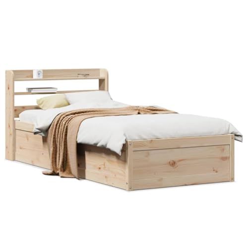 Homvdxl 75x190 cm kleines Einzelbettgestell mit Stauraum, robustes Holzplattform-Bettgestell mit Holzaufbewahrungs-Kopfteil, kein Boxspringbett nötig, stabiles Design (Braun) von Homvdxl