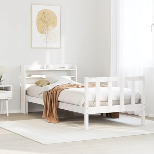 Homvdxl 90x200 cm Kleines Einzelbettgestell, Plattformbett Stauraumbetten mit Ablageregal und Lamellen, für Erwachsene und Jugendliche, Kiefernholz, kein Boxspringbett erforderlich (Weiß) von Homvdxl
