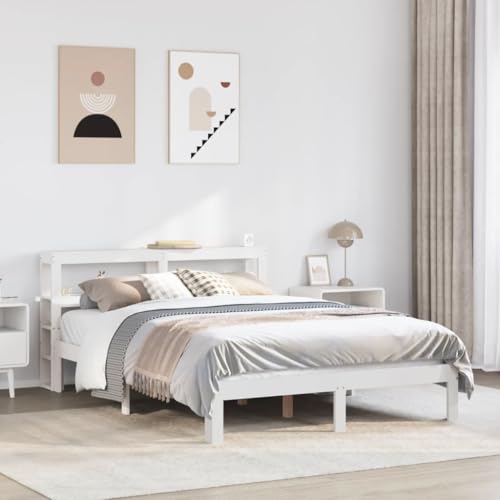 Homvdxl Bett mit Stauraum, 150 x 200 cm, kleines Queen-Size-Holzbett mit Bettkasten und Kopfteil, Massivholzbetten mit Holzlatten - Weiß Homvdxl Bett mit Stauraum, 150 x 200 cm, kleines Queen-Size-Holzbett mit Bettkasten und Kopfteil, Massivholzbetten mit Holzlatten - Weiß von Homvdxl