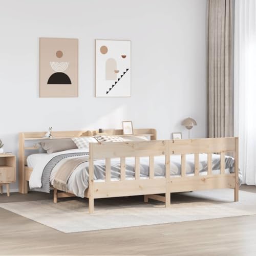 Homvdxl Bettgestell, 180 x 200 cm, Kingsize-Bett, Kiefernholz, Plattform-Bettgestell mit 2 Ablagen und Lattenstütze, kein Boxspringbett erforderlich – Braun von Homvdxl