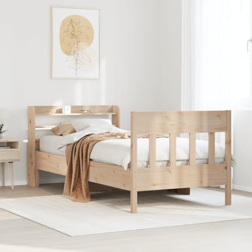 Homvdxl Bettgestell, 90 x 200 cm, kleines Einzelbett, Kiefernholz, Plattform-Bettgestell mit 2 Ebenen, Ablagen und Lattenstütze, kein Boxspringbett erforderlich - Braun von Homvdxl