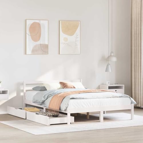 Homvdxl Bettgestell 140x200 cm – Bettgestell aus Kiefernholz mit Kopfteil & Schubladen – Einfache Montage – Weiß, Doppelbett Homvdxl Bettgestell 140x200 cm – Bettgestell aus Kiefernholz mit Kopfteil & Schubladen – Einfache Montage – Weiß, Doppelbett von Homvdxl