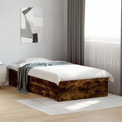 Homvdxl Bettgestell 90x190 cm mit Schubladen, einfache Montage, stabile Lattenstütze, Einzelbetten, moderne Plattformbetten, kein Boxspringbett erforderlich (Raucheiche) von Homvdxl