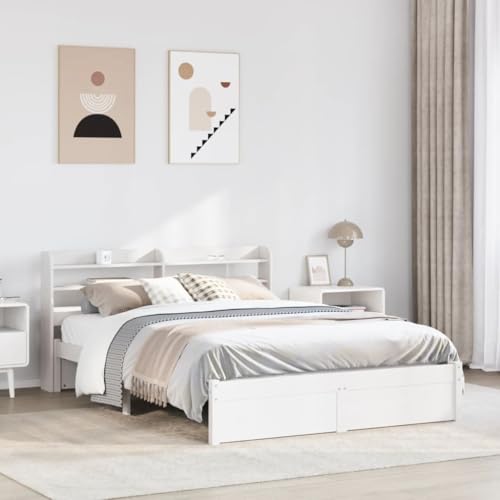 Homvdxl Bettgestell - Für 140x190 cm Matratze - mit Stauraum Kopfteil & Unterbettkommode - Kiefernholz Plattformbettgestell, kein Boxspring erforderlich, Weiß, Doppelbett Homvdxl Bettgestell - Für 140x190 cm Matratze - mit Stauraum Kopfteil & Unterbettkommode - Kiefernholz Plattformbettgestell, kein Boxspring erforderlich, Weiß, Doppelbett von Homvdxl