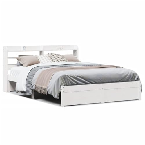 Homvdxl Bettgestell - Für 140x200 cm Matratze - Mit Stauraum Kopfteil & Unterbettkommode - Kiefernholz Plattformbettgestell Kein Boxspring Benötigt, Weiß, Doppelbett von Homvdxl