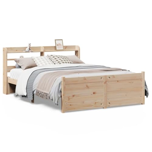 Homvdxl Bettgestell Holz - Für 140x200 cm Matratze - Mit Stauraum Kopfteil & Fußteil - Braun Massives Kiefernholz Plattformbett Bettgestell mit Lattenstütze, kein Boxspring erforderlich - Doppelbett von Homvdxl