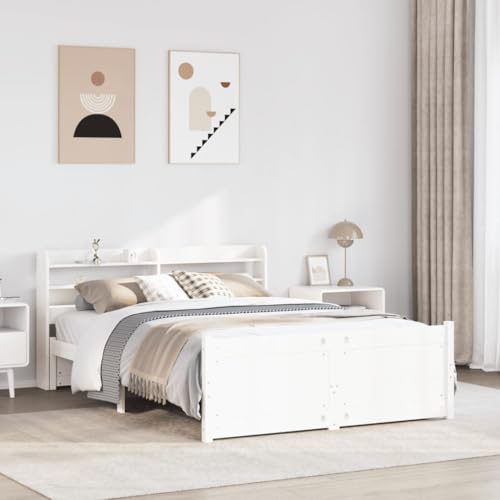Homvdxl Bettgestell Holz - Für 160x200 cm Matratze - mit Stauraum Kopfteil & Fußteil - Weiß Massiv Kiefernholz Plattformbett Bettgestell mit Lattenstütze - Kein Boxspring erforderlich - Queen von Homvdxl