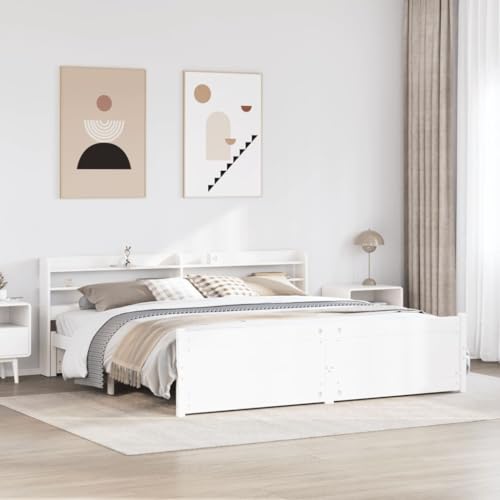 Homvdxl Bettgestell Holz - Für 180x200 cm Matratze - Mit Stauraum Kopfteil & Fußteil - Weiß Massives Kiefernholz Plattformbett Bettgestell mit Lattenstütze, kein Boxspring erforderlich - King von Homvdxl